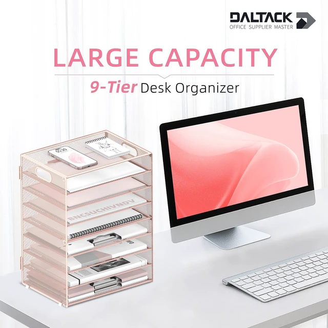 Alt view image 2 of 6 - 9-Tier Paper Organizer for Desk, Metal Mesh Letter Tray with Handles, Pink | Desk File Organizer with Removable Trays for Sorting Files, Folders, Mail and Printer Paper at Home, School or Office