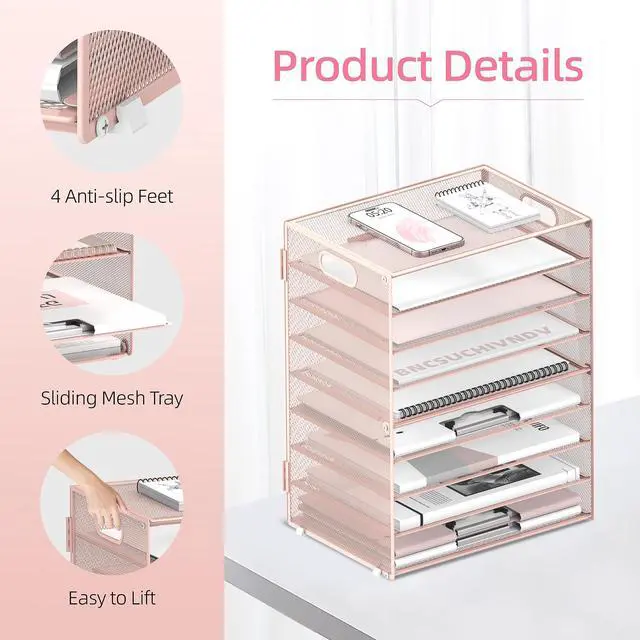 Alt view image 4 of 6 - 9-Tier Paper Organizer for Desk, Metal Mesh Letter Tray with Handles, Pink | Desk File Organizer with Removable Trays for Sorting Files, Folders, Mail and Printer Paper at Home, School or Office