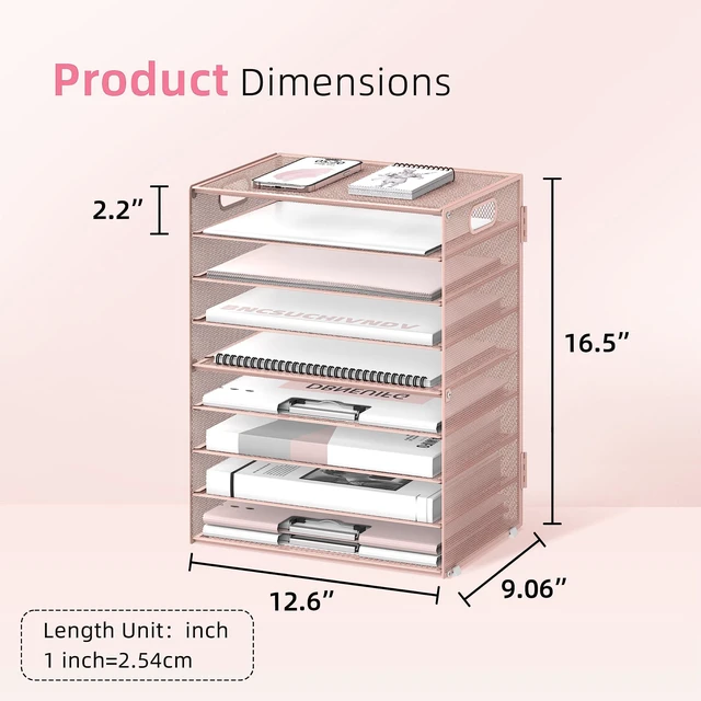 Alt view image 3 of 6 - 9-Tier Paper Organizer for Desk, Metal Mesh Letter Tray with Handles, Pink | Desk File Organizer with Removable Trays for Sorting Files, Folders, Mail and Printer Paper at Home, School or Office