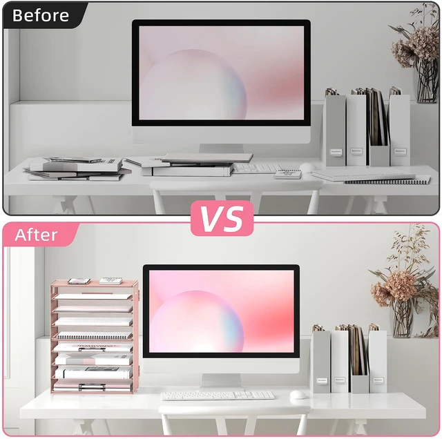Alt view image 6 of 6 - 9-Tier Paper Organizer for Desk, Metal Mesh Letter Tray with Handles, Pink | Desk File Organizer with Removable Trays for Sorting Files, Folders, Mail and Printer Paper at Home, School or Office