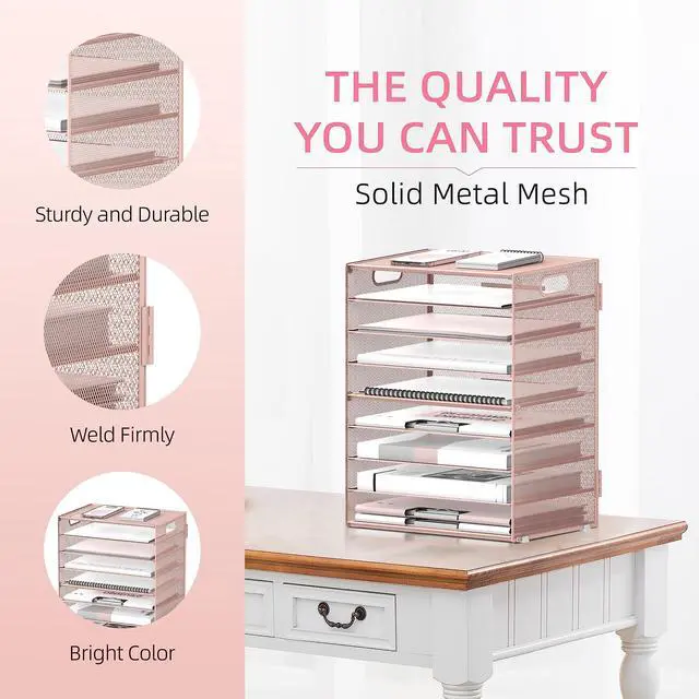 Alt view image 5 of 6 - 9-Tier Paper Organizer for Desk, Metal Mesh Letter Tray with Handles, Pink | Desk File Organizer with Removable Trays for Sorting Files, Folders, Mail and Printer Paper at Home, School or Office