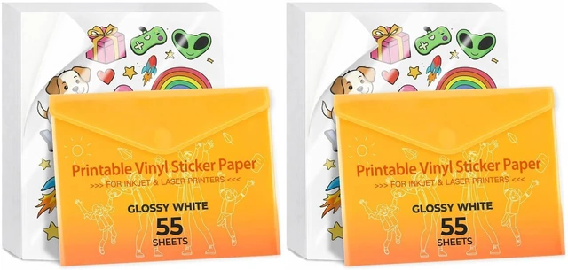 Main image of Premium Printable Vinyl Sticker Paper - for Inkjet and Laser Printer - 110 Pack Glossy White Waterproof Inkjet Printable Vinyl - Dries Quickly and Holds Ink Beautifully