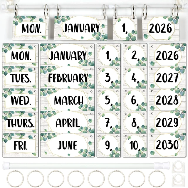 Main image of Eucalyptus Flip Calendar for Classroom Decor Bulletin Board 2026 to 2030 Years Date Cards and Adjustable Rod Greenery Calendar Chart Class Whiteboard for Home Elementary School Teacher Organization