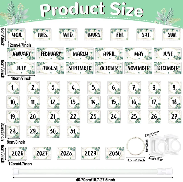 Alt view image 2 of 7 - Eucalyptus Flip Calendar for Classroom Decor Bulletin Board 2026 to 2030 Years Date Cards and Adjustable Rod Greenery Calendar Chart Class Whiteboard for Home Elementary School Teacher Organization
