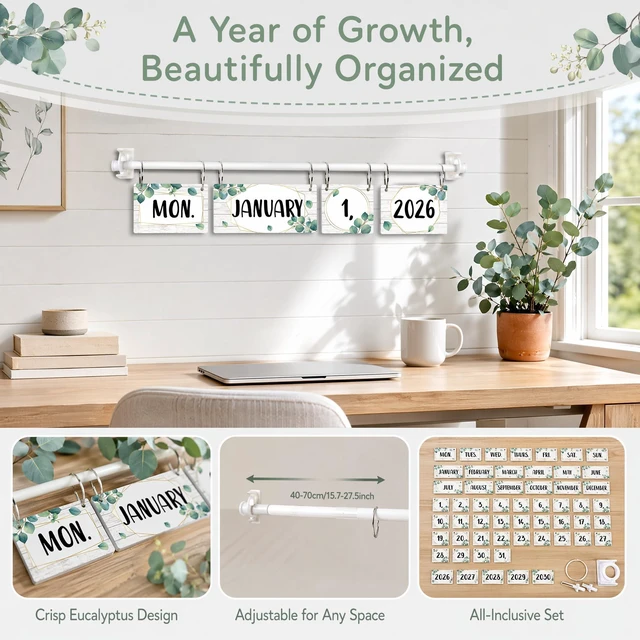 Alt view image 4 of 7 - Eucalyptus Flip Calendar for Classroom Decor Bulletin Board 2026 to 2030 Years Date Cards and Adjustable Rod Greenery Calendar Chart Class Whiteboard for Home Elementary School Teacher Organization