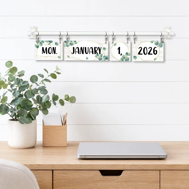Alt view image 7 of 7 - Eucalyptus Flip Calendar for Classroom Decor Bulletin Board 2026 to 2030 Years Date Cards and Adjustable Rod Greenery Calendar Chart Class Whiteboard for Home Elementary School Teacher Organization