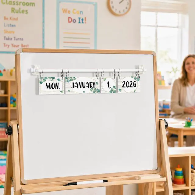 Alt view image 6 of 7 - Eucalyptus Flip Calendar for Classroom Decor Bulletin Board 2026 to 2030 Years Date Cards and Adjustable Rod Greenery Calendar Chart Class Whiteboard for Home Elementary School Teacher Organization