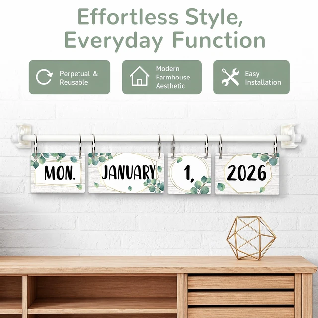 Alt view image 5 of 7 - Eucalyptus Flip Calendar for Classroom Decor Bulletin Board 2026 to 2030 Years Date Cards and Adjustable Rod Greenery Calendar Chart Class Whiteboard for Home Elementary School Teacher Organization