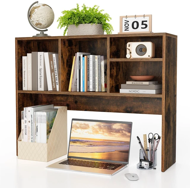 Main image of 2-Tier Desktop Bookshelf Hutch, Wood Countertop Storage Organizer with 4 Storage Compartments for Computer Desk, Multipurpose Tabletop Display Rack for Home Office Dorm Bedroom, Brown