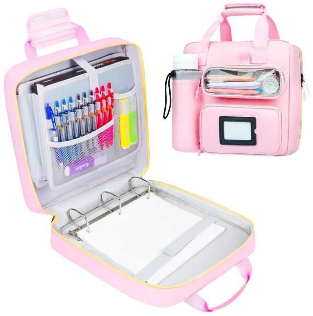 Main image of 3 Inch D-Ring Zipper Binder Bag, 700 Sheet Capacity Multi-Pockets Organizer, 13 Inch Laptop Carrying Case with Bottle Holder& Shoulder Strap for School Office (Pink)