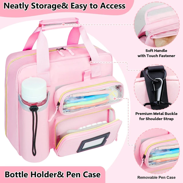 Alt view image 3 of 7 - 3 Inch D-Ring Zipper Binder Bag, 700 Sheet Capacity Multi-Pockets Organizer, 13 Inch Laptop Carrying Case with Bottle Holder& Shoulder Strap for School Office (Pink)