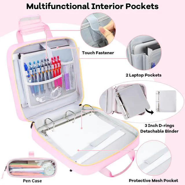 Alt view image 2 of 7 - 3 Inch D-Ring Zipper Binder Bag, 700 Sheet Capacity Multi-Pockets Organizer, 13 Inch Laptop Carrying Case with Bottle Holder& Shoulder Strap for School Office (Pink)
