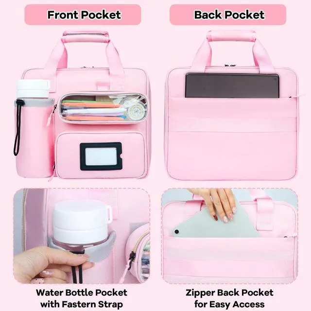 Alt view image 4 of 7 - 3 Inch D-Ring Zipper Binder Bag, 700 Sheet Capacity Multi-Pockets Organizer, 13 Inch Laptop Carrying Case with Bottle Holder& Shoulder Strap for School Office (Pink)