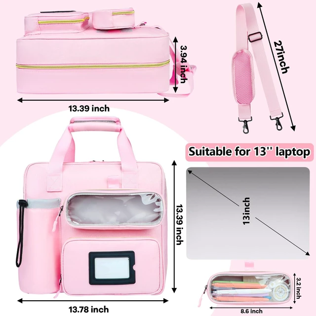 Alt view image 5 of 7 - 3 Inch D-Ring Zipper Binder Bag, 700 Sheet Capacity Multi-Pockets Organizer, 13 Inch Laptop Carrying Case with Bottle Holder& Shoulder Strap for School Office (Pink)