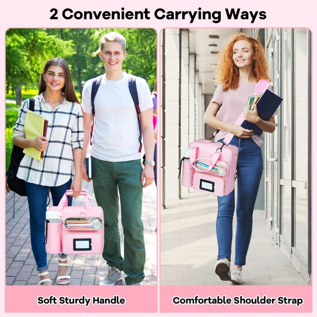 Alt view image 6 of 7 - 3 Inch D-Ring Zipper Binder Bag, 700 Sheet Capacity Multi-Pockets Organizer, 13 Inch Laptop Carrying Case with Bottle Holder& Shoulder Strap for School Office (Pink)