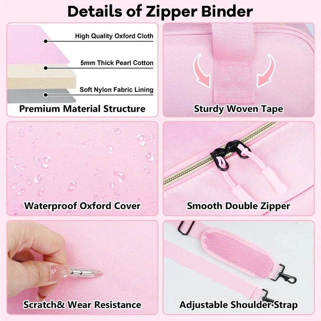 Alt view image 7 of 7 - 3 Inch D-Ring Zipper Binder Bag, 700 Sheet Capacity Multi-Pockets Organizer, 13 Inch Laptop Carrying Case with Bottle Holder& Shoulder Strap for School Office (Pink)