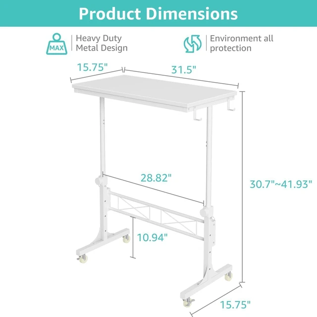 Alt view image 3 of 7 - Rolling Standing Desk with Wheels, 32" Adjustable Height Small Portable Teacher Desk for Classroom, Mobile Treadmill Walking Pad Table for Laptop, Compact White Home Office Workstation