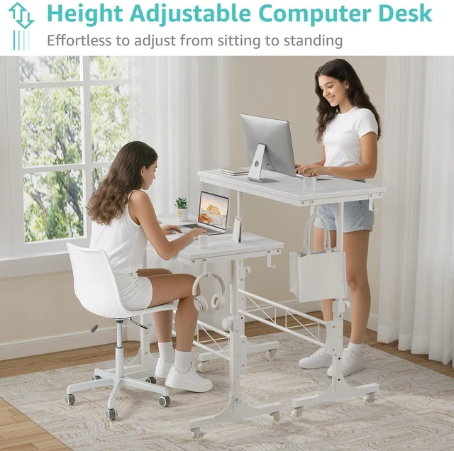 Alt view image 5 of 7 - Rolling Standing Desk with Wheels, 32" Adjustable Height Small Portable Teacher Desk for Classroom, Mobile Treadmill Walking Pad Table for Laptop, Compact White Home Office Workstation