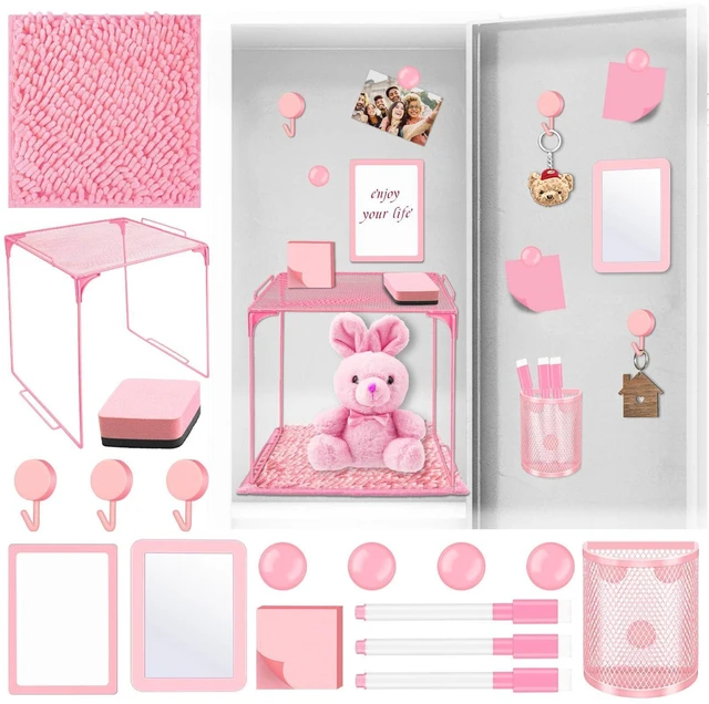 Main image of Locker Accessories With Locker Shelf Locker Mirror Magnetic Pen Holder Sticky Note Whiteboard Mat Pink Locker Organizer for Work Mesh Metal Shelf Accessories Kit for School Office Supplies