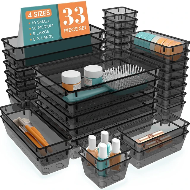 Main image of 33 PCS Plastic Drawer Organizers Set, 4 Size Desk Drawer Organizer Trays 4 Size Desk Drawer Organizer Trays for Makeup, Jewelry, Kitchen Utensils, Gadgets and Office
