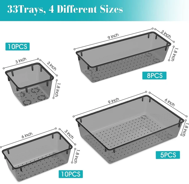 Alt view image 2 of 6 - 33 PCS Plastic Drawer Organizers Set, 4 Size Desk Drawer Organizer Trays 4 Size Desk Drawer Organizer Trays for Makeup, Jewelry, Kitchen Utensils, Gadgets and Office