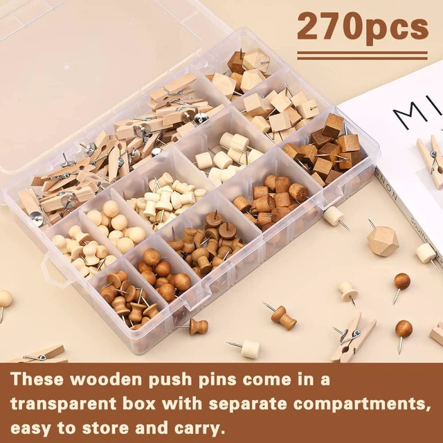 Alt view image 3 of 6 - 270 Pcs Wooden Push Pins 7 Types Decorative Thumb Tacks 2 Colors Cute Push Pins Wooden Head Pin Marking Pin, Thumb Tacks Decorative for Bulletin Boards Projects with Storage Box