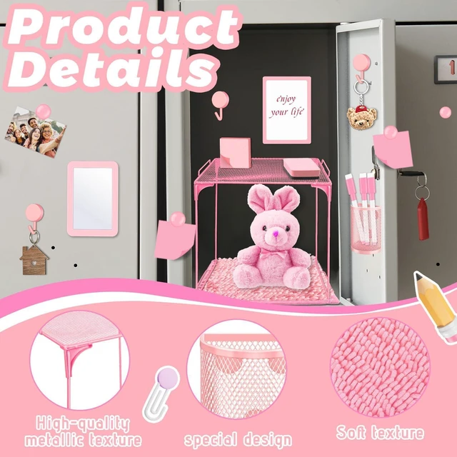 Alt view image 3 of 7 - Locker Accessories With Locker Shelf Locker Mirror Magnetic Pen Holder Sticky Note Whiteboard Mat Pink Locker Organizer for Work Mesh Metal Shelf Accessories Kit for School Office Supplies