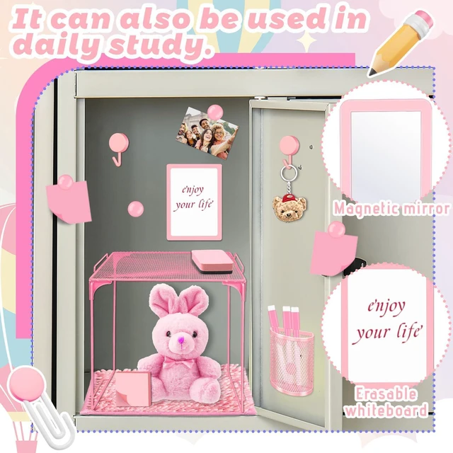 Alt view image 4 of 7 - Locker Accessories With Locker Shelf Locker Mirror Magnetic Pen Holder Sticky Note Whiteboard Mat Pink Locker Organizer for Work Mesh Metal Shelf Accessories Kit for School Office Supplies