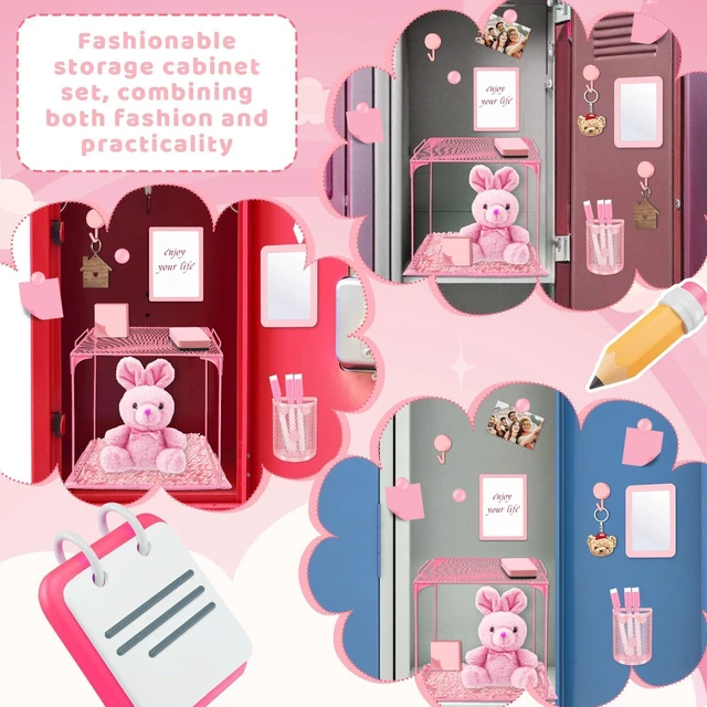 Alt view image 5 of 7 - Locker Accessories With Locker Shelf Locker Mirror Magnetic Pen Holder Sticky Note Whiteboard Mat Pink Locker Organizer for Work Mesh Metal Shelf Accessories Kit for School Office Supplies