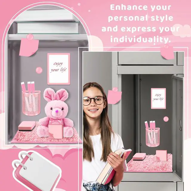 Alt view image 6 of 7 - Locker Accessories With Locker Shelf Locker Mirror Magnetic Pen Holder Sticky Note Whiteboard Mat Pink Locker Organizer for Work Mesh Metal Shelf Accessories Kit for School Office Supplies