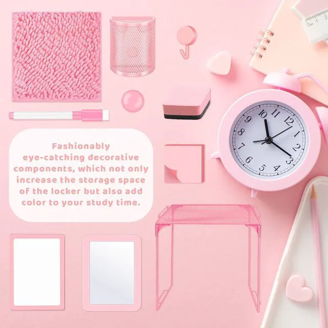 Alt view image 7 of 7 - Locker Accessories With Locker Shelf Locker Mirror Magnetic Pen Holder Sticky Note Whiteboard Mat Pink Locker Organizer for Work Mesh Metal Shelf Accessories Kit for School Office Supplies