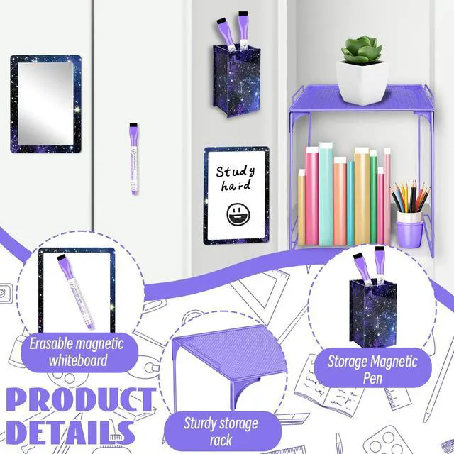 Alt view image 3 of 7 - 9 Pcs Locker Accessories Kit Purple Starry Sky Locker Organizer Magnetic Whiteboard Mirror Pen Holder Pen for Storage Organizing Shelf Back to School Party Supply