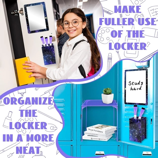 Alt view image 4 of 7 - 9 Pcs Locker Accessories Kit Purple Starry Sky Locker Organizer Magnetic Whiteboard Mirror Pen Holder Pen for Storage Organizing Shelf Back to School Party Supply