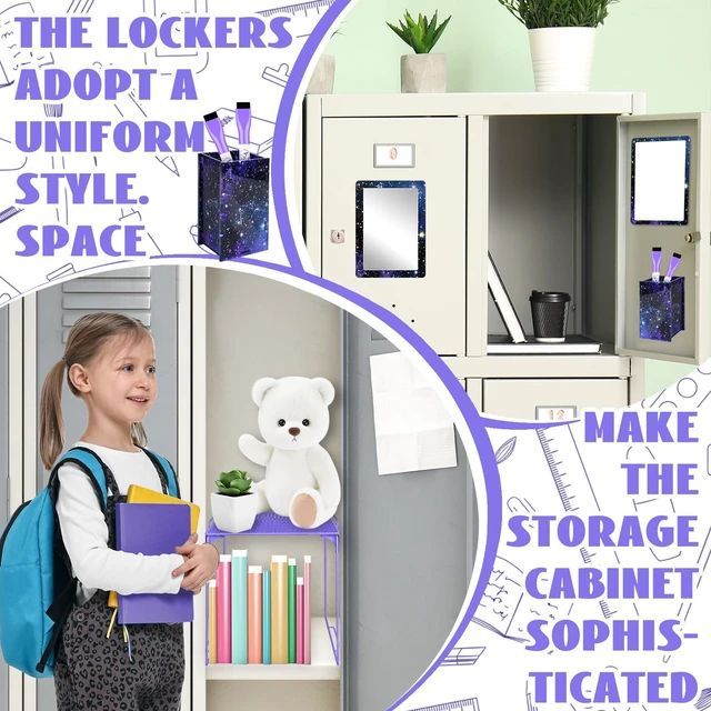 Alt view image 6 of 7 - 9 Pcs Locker Accessories Kit Purple Starry Sky Locker Organizer Magnetic Whiteboard Mirror Pen Holder Pen for Storage Organizing Shelf Back to School Party Supply