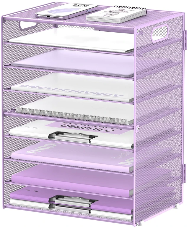 Main image of 9-Tier Paper Organizer for Desk, Metal Letter Tray with Handles, Purple Desk File Organizer with Removable Trays for Sorting Files, Folders, Mail and Printer Paper at Home, School or Office