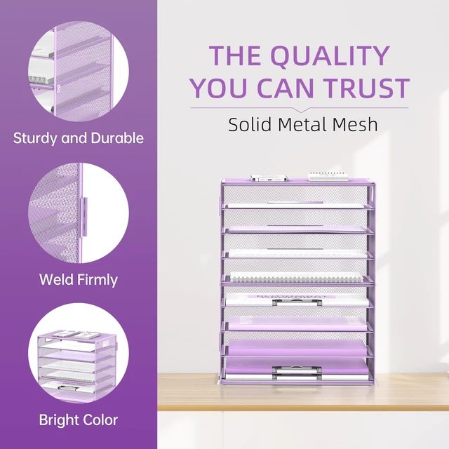 Alt view image 4 of 6 - 9-Tier Paper Organizer for Desk, Metal Letter Tray with Handles, Purple Desk File Organizer with Removable Trays for Sorting Files, Folders, Mail and Printer Paper at Home, School or Office