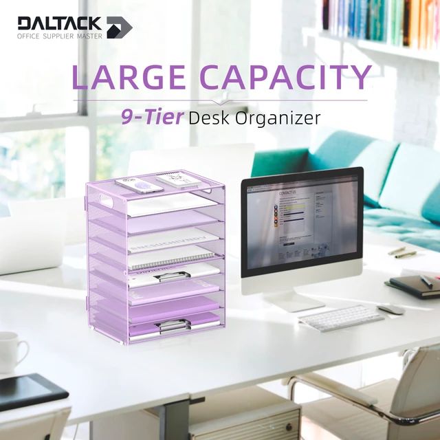 Alt view image 2 of 6 - 9-Tier Paper Organizer for Desk, Metal Letter Tray with Handles, Purple Desk File Organizer with Removable Trays for Sorting Files, Folders, Mail and Printer Paper at Home, School or Office