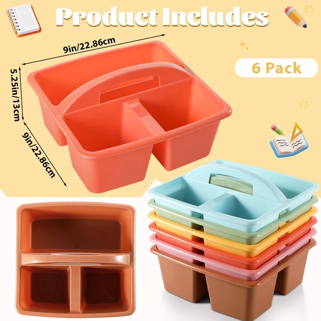 Alt view image 2 of 7 - 6 Pack Plastic Classroom Organizer Caddy with Handle, Boho 3 Compartment, Portable Supply Storage Caddy, Craft Art Caddies for Pencil, Crayon, Marker, Home, Office, School Supplies