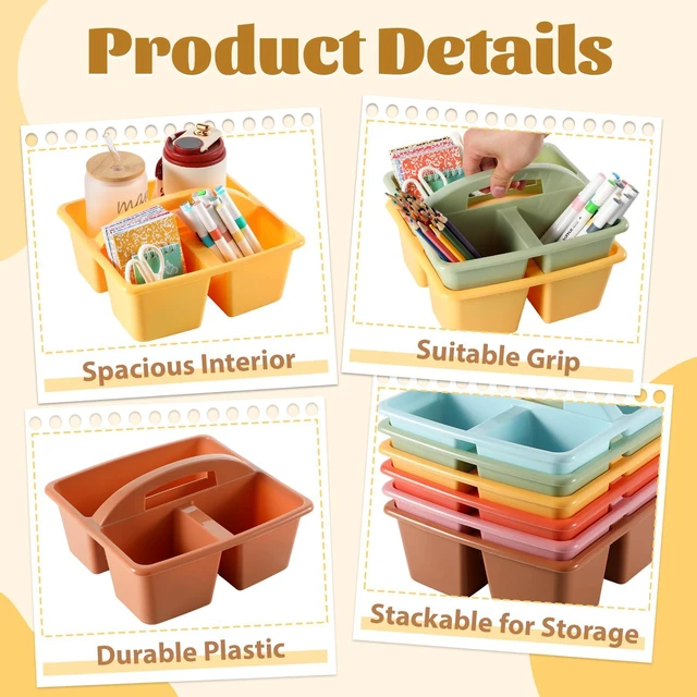 Alt view image 3 of 7 - 6 Pack Plastic Classroom Organizer Caddy with Handle, Boho 3 Compartment, Portable Supply Storage Caddy, Craft Art Caddies for Pencil, Crayon, Marker, Home, Office, School Supplies