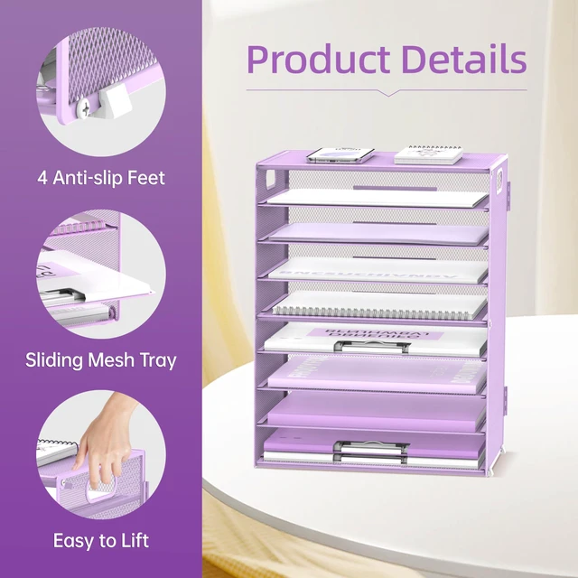 Alt view image 5 of 6 - 9-Tier Paper Organizer for Desk, Metal Letter Tray with Handles, Purple Desk File Organizer with Removable Trays for Sorting Files, Folders, Mail and Printer Paper at Home, School or Office