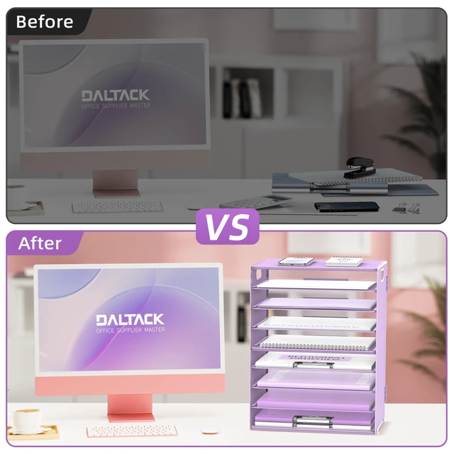 Alt view image 6 of 6 - 9-Tier Paper Organizer for Desk, Metal Letter Tray with Handles, Purple Desk File Organizer with Removable Trays for Sorting Files, Folders, Mail and Printer Paper at Home, School or Office