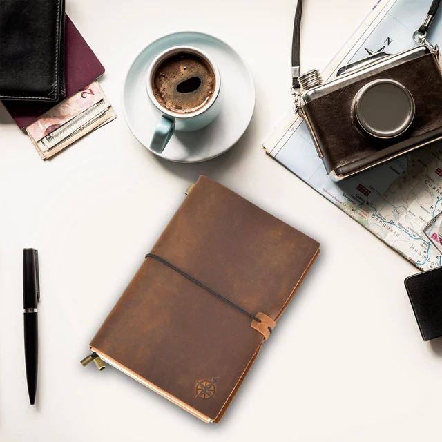 Alt view image 5 of 7 - A5 Travelers Notebook Refillable Genuine Leather Journal 6" x 8.5" (15 x 22cm) Handcrafted Crazy Horse Leather 120 GSM Blank Inserts Travel Journal