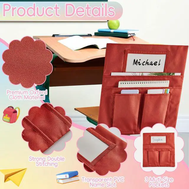 Alt view image 3 of 7 - 24 Pcs Small Chair Pockets for Classroom 13 x 14 Inch Bag with Name Tag Multi Pockets Chairsback Pouch Organizer for Student Kindergarten Elementary Daycare (Groovy)