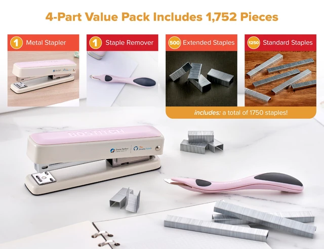 Alt view image 5 of 7 - Titan Heavy Duty Metal Stapler, 50 Sheet Capacity with 1250 Staples and Ergonomic Staple Remover, Jam Free Stapling, Full Strip Stapler for Desk, Office and Classroom, Pink & White