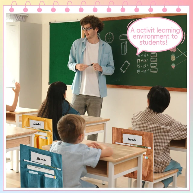 Alt view image 7 of 7 - 24 Pcs Small Chair Pockets for Classroom 13 x 14 Inch Bag with Name Tag Multi Pockets Chairsback Pouch Organizer for Student Kindergarten Elementary Daycare (Groovy)