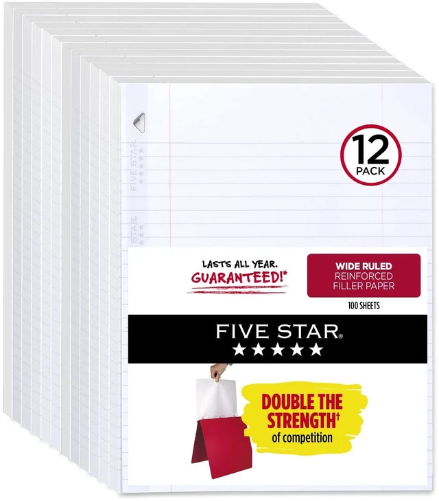 Main image of Loose Leaf Paper, 12 Pack, Notebook Paper, Wide Ruled Filler Paper, Reinforced, 8 x 10.5, 100 Sheets per Pack (72364)