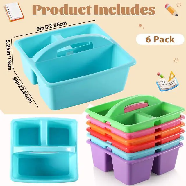Alt view image 2 of 7 - 6 Pack Plastic Classroom Organizer Caddy with Handle, Classic 3 Compartment, Portable Supply Storage Caddy, Craft Art Caddies for Pencil, Crayon, Marker, Home, Office, School Supplies