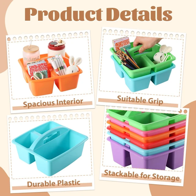 Alt view image 3 of 7 - 6 Pack Plastic Classroom Organizer Caddy with Handle, Classic 3 Compartment, Portable Supply Storage Caddy, Craft Art Caddies for Pencil, Crayon, Marker, Home, Office, School Supplies