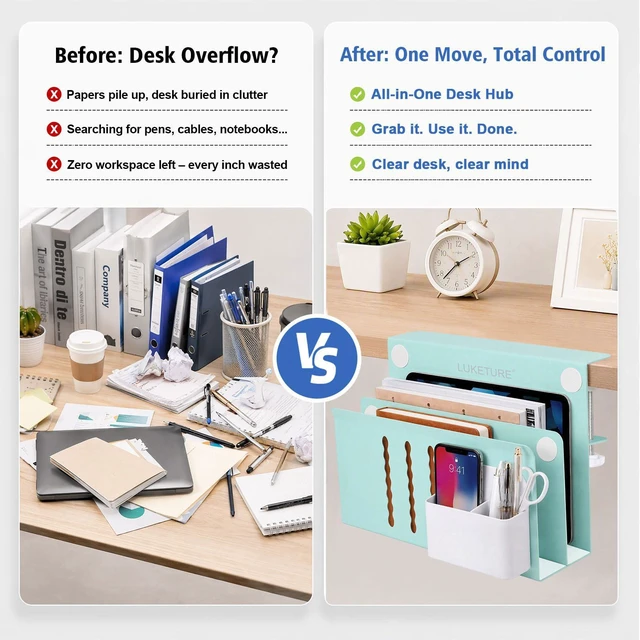 Alt view image 5 of 7 - Desk Side Storage, 2 Tie Laptop Holder No Drill Clamp On Organizer Steel Side Desk Organizer, Clamp on Laptop Mount with Pen Holder, Hanging Storage for Home Office, Fits 0.3" to 2.8"