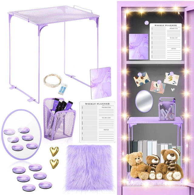 Main image of 19 Pcs Locker Organizer and Decorating Kit, First Day of Essentials Marble Print Whiteboard with Markers Locker Shelf Plush Area Rug Mirror Magnetic Cup (Purple)